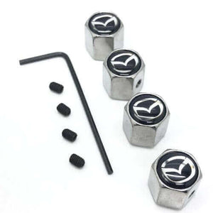 Mazda Set of 4 Chrome Anti-Theft Car Tyre Air Dust Valve Stem Cap With Allen Key