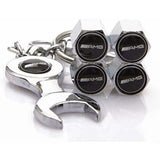 Set Of 4 Chrome Anti-Theft Car Tyre Air Dust Valve Stem Cap With Keyring Spanner For Mercedes AMG