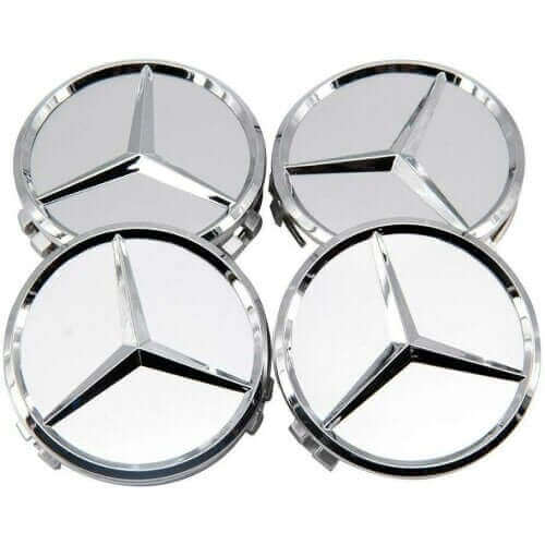 4x New Mercedes Silver Alloy Wheel Centre Hubs Caps 75mm with Chrome