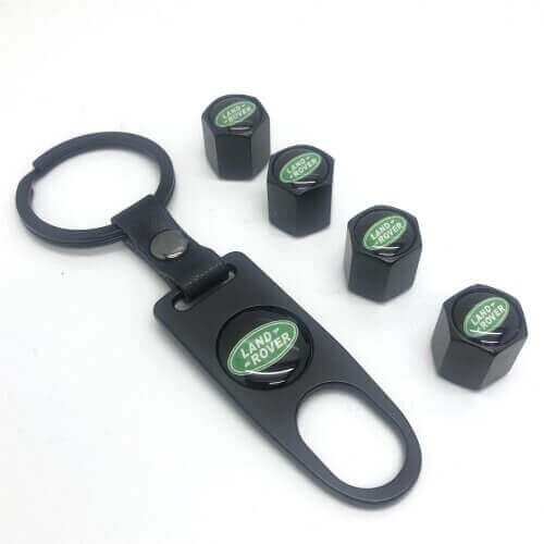 Land Rover Set of 4 Green / Black Car Tyre Air Dust Valve Stem Cap With Keyring Locking Tool