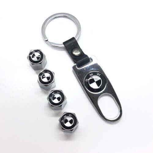 BMW Black Set of 4 Chrome Tire Car Tyre Air Dust Set of 4 Valve Stem Cap With Keyring Locking Tool