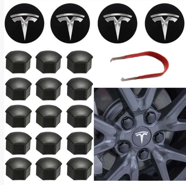 Tesla Wheel Cap Kit Center Hub Cap Set Wheel Lug Nut Cover Center Logo Emblem Modification Hub Cover for Model Y Model 3 Model S Model X