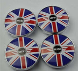 MINI COOPER WING WHEEL CENTRE CAPS 60 MM UNION FLAG DESIGN NEW LOGO - SET OF 4