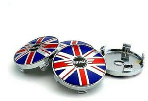 MINI COOPER WING WHEEL CENTRE CAPS 60 MM UNION FLAG DESIGN NEW LOGO - SET OF 4