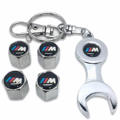 Set Of 4 Chrome Anti-Theft Car Tyre Air Dust Valve Stem Cap With Keyring Spanner For BMW M Sport