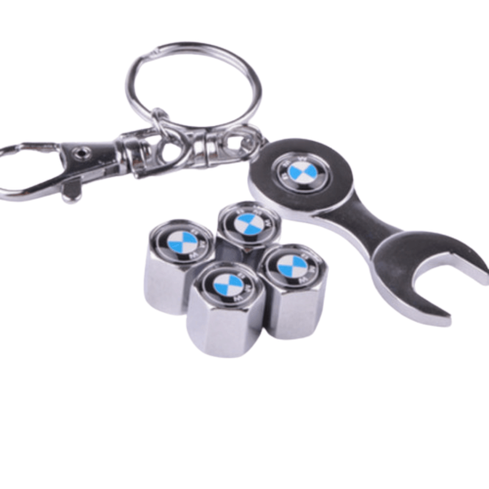 4 BMW wheel valve caps with wrench keychain and emblem