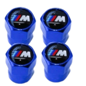 Blue BMW M Sport tire valve caps, set of four.