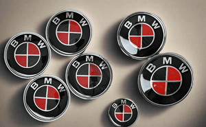 Set of 7 BMW Black & Red Carbon Boot Bonnet Badges & Alloy wheel caps