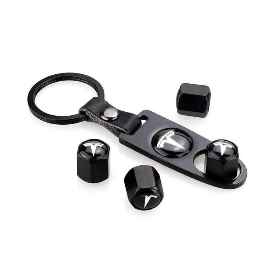 Tesla Wheel Tire Cap Air Valve Stem Cover With Belt Keychain (Black)